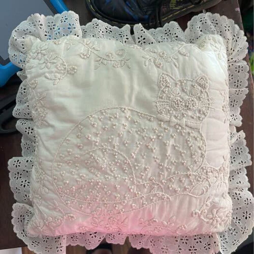 Vintage Embroidered Cat Throw Pillow with Lace Trim